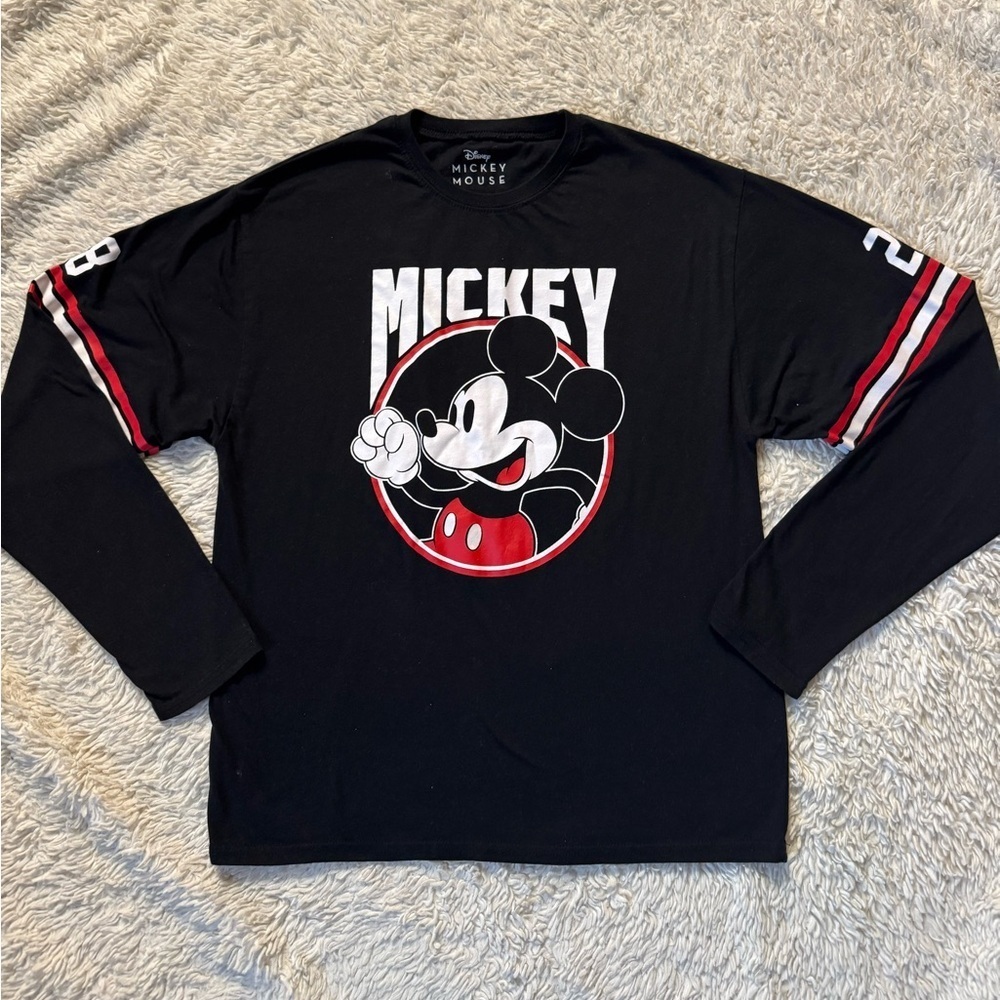 Disney Mickey Mouse Shirt Black Cotton Red Stripe Long Sleeve #28 Top size M